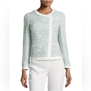 Lafayette 148 Asymmetric Zip Leather Trim Tweed Jacket Dewdrop Multi Size 8.